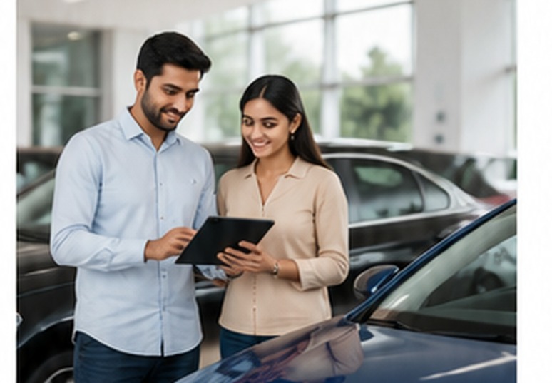 A dealer and a customer looking at a tablet in a car showroom